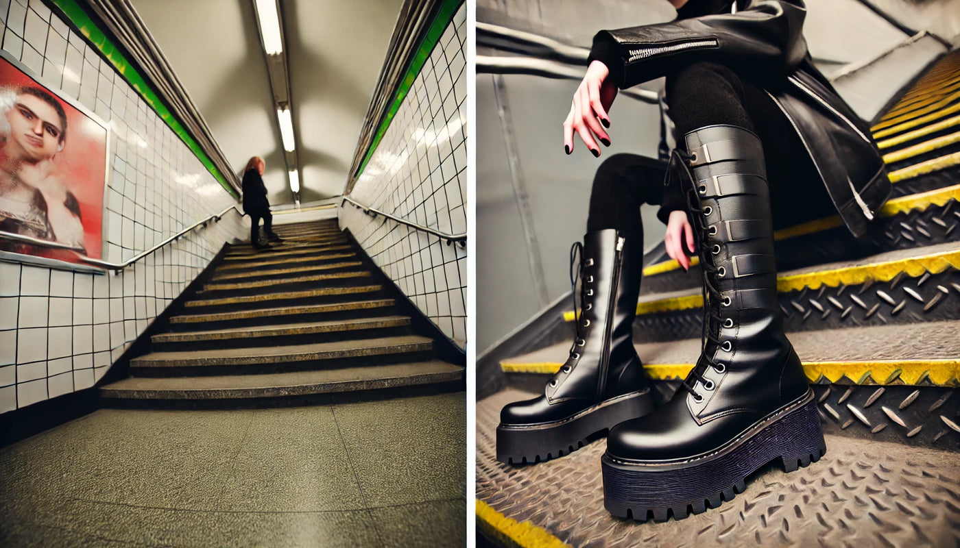 Imagen panorámica que muestra dos escenas de una persona llevando botas góticas de plataforma en un entorno urbano.